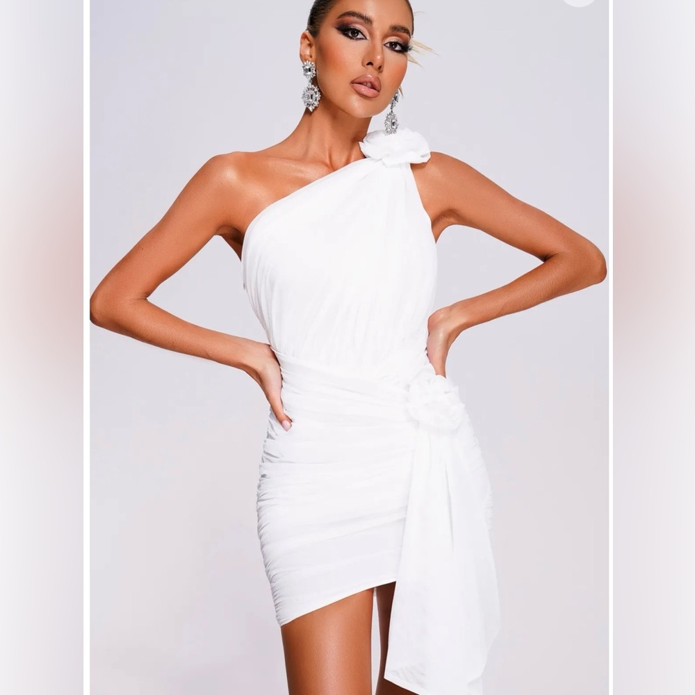 Bella Barnett Maggie One Shoulder Mesh Mini White Dress